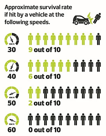 Visual graphic showing survival rate at various speeds when hit by a vehicle