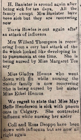 Newspaper clipping from 1918 listing names of those sick with Spanish Flu.
