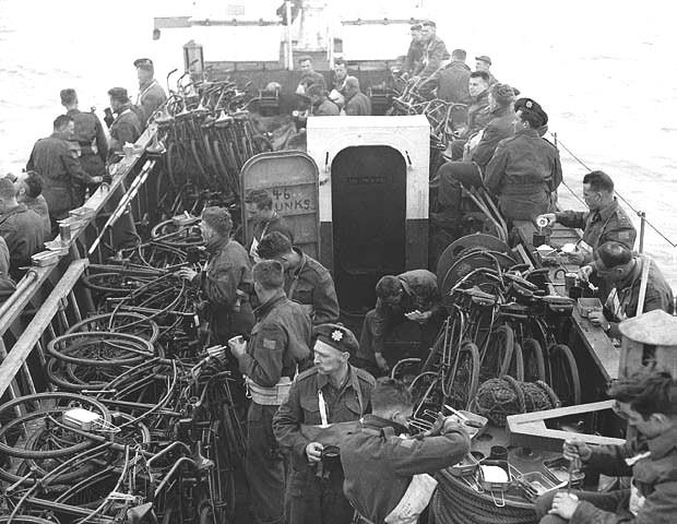 Photo of men on a ship on the way to France on D-Day.