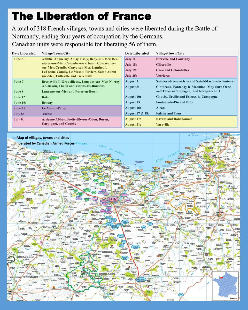 A map showing liberated villages in the Normandy area of France.