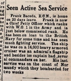 A newspaper clipping titled 'Seen Active Sea Service.'