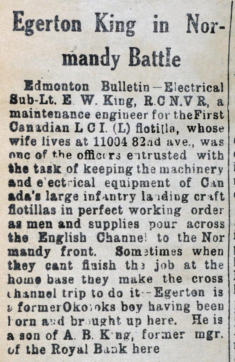 Newspaper clipping titled 'Egerton King in Normandy Battle.'
