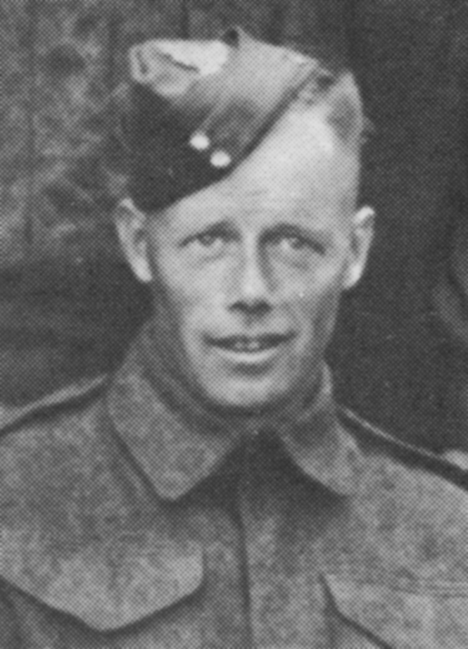 Black and white photo of a man from the chest up, wearing a World War Two army uniform and hat.