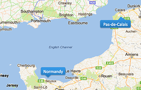 Map of the English Channel with Pas-de-Calais and Normandy prominently labelled.