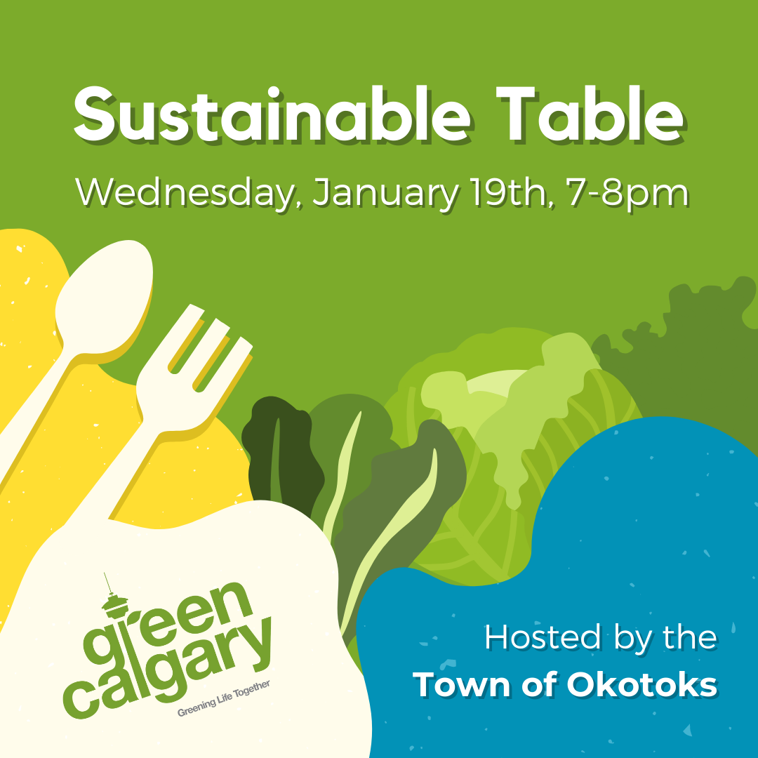 Sustainable Table with vegetables and green calgary logo