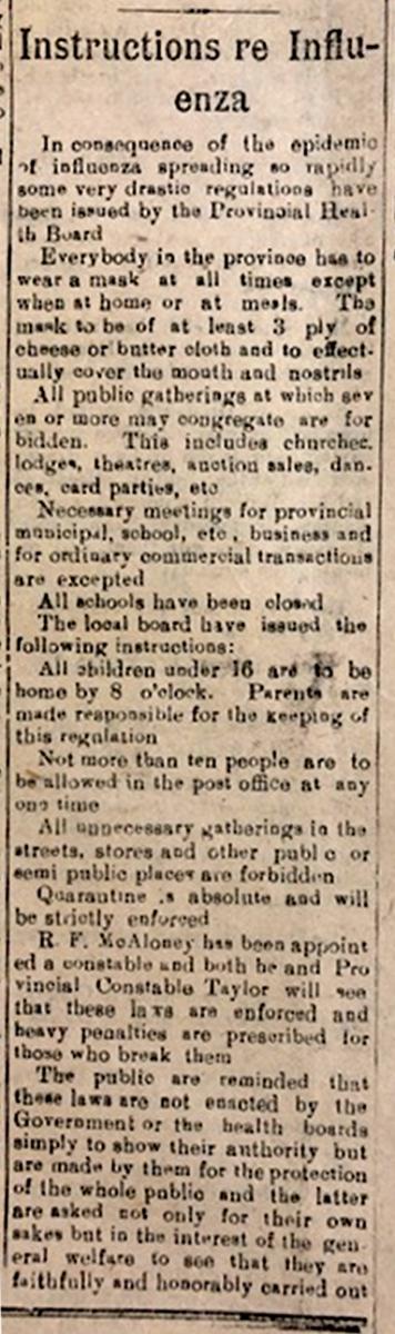 Newspaper clipping from 1918 offering instructions during the Spanish Flu pandemic.