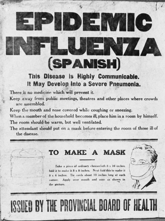 Black and white poster from 1918 warning of an influenza epidemic.