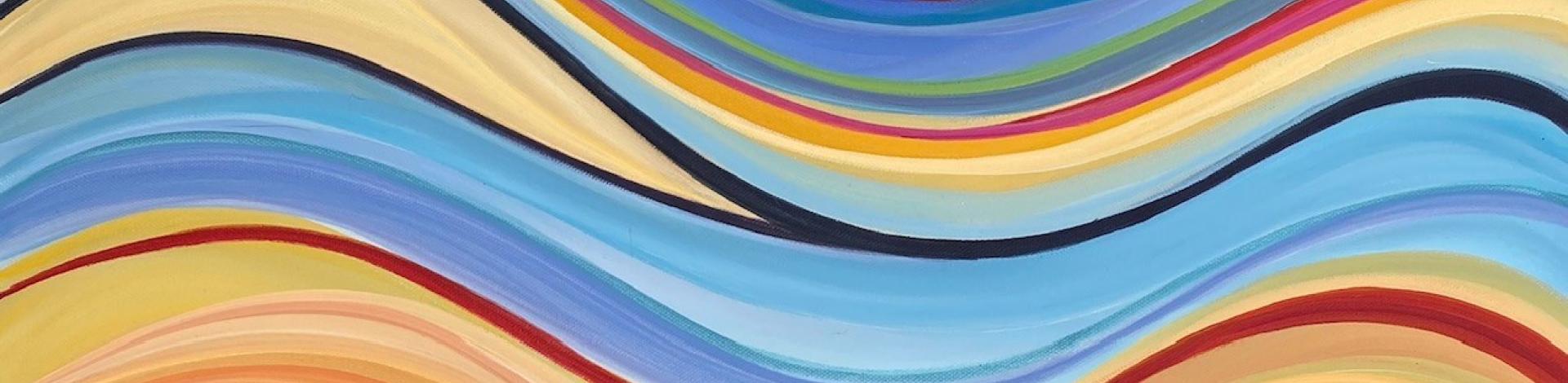 Colourful painting of the prairies with red, blue, yellow, and purple swirls in the sky.