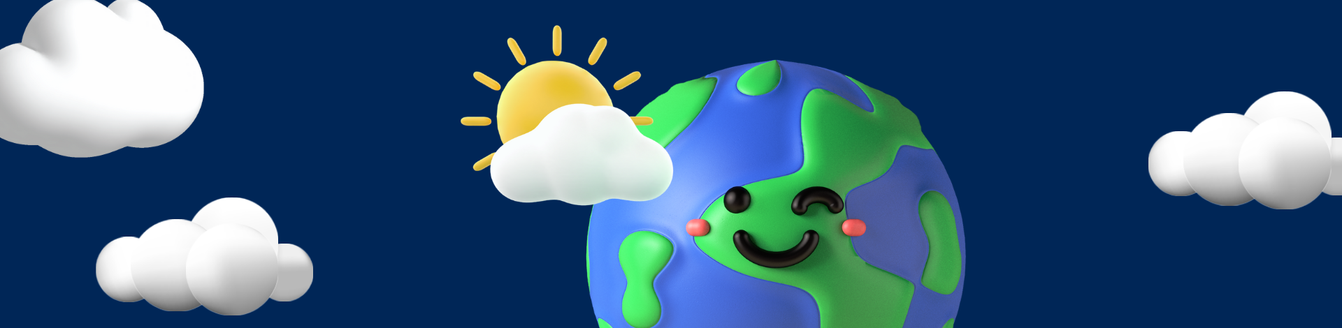 Earth with smiley face and sun and clouds in background
