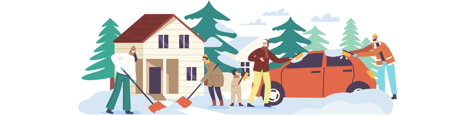 Graphic illustration of a family shoveling snow