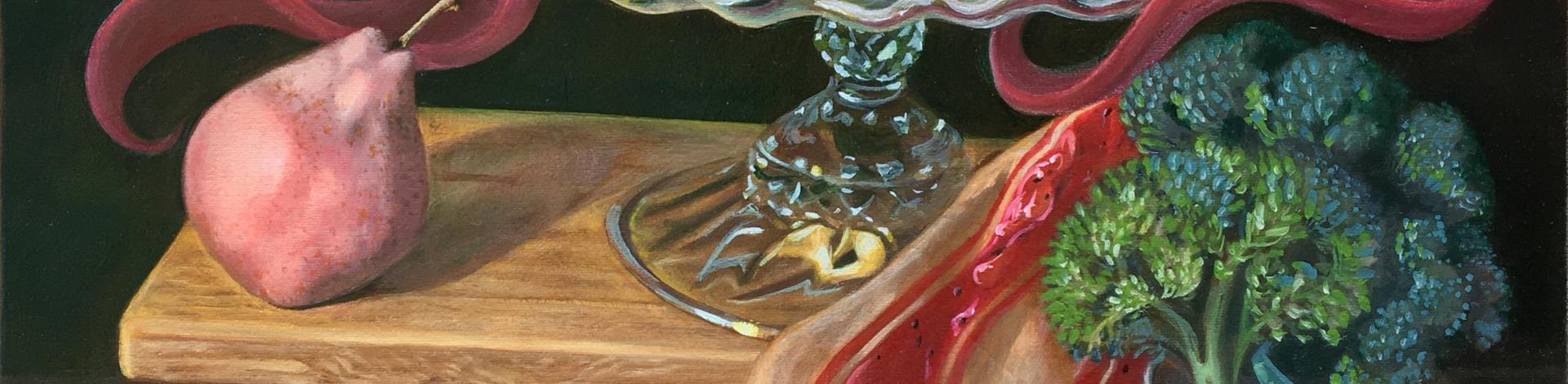 a sureal art work showing a cake plate with books and food around it 