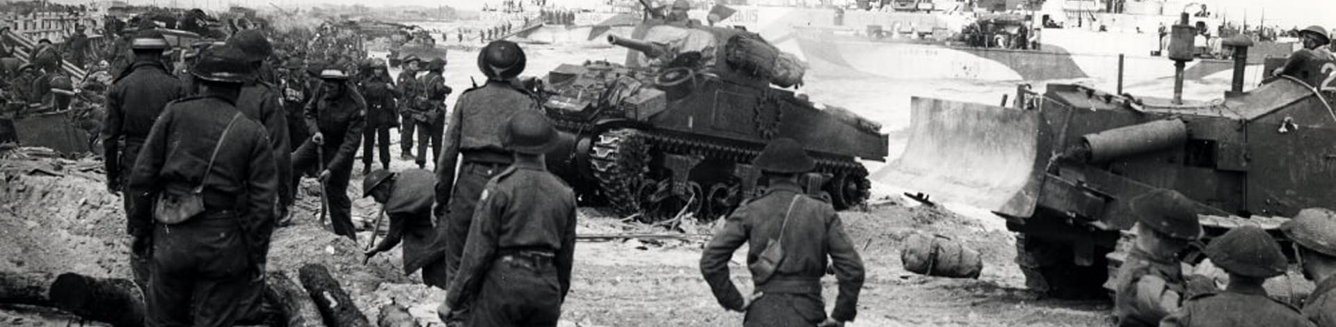 Soldiers and tanks during World War Two. 