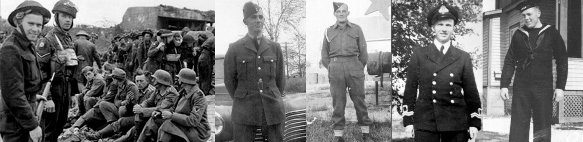 Black and white photos of men in uniform from World War Two.