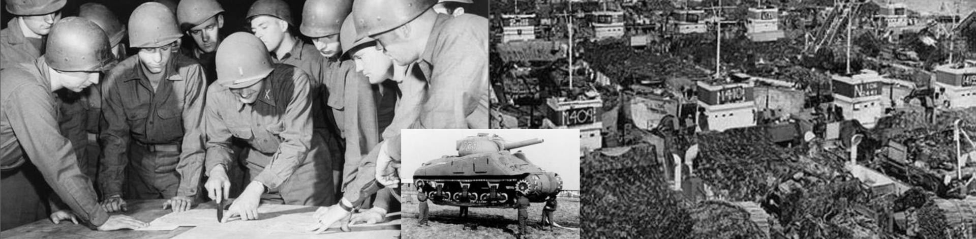 Black and white photos of men during World War Two, looking at maps.