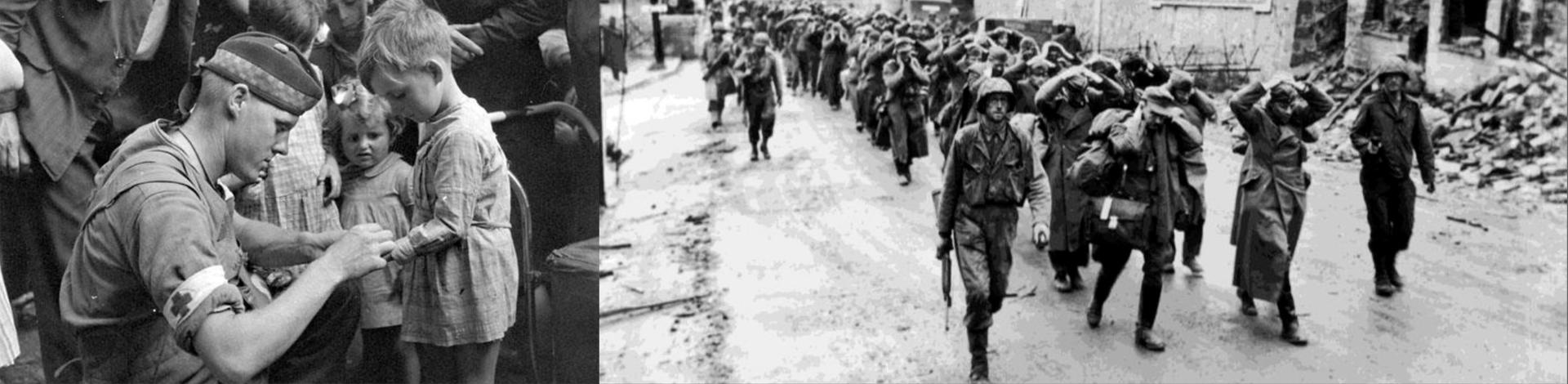 Photos from World War Two of soldiers marching down a road.