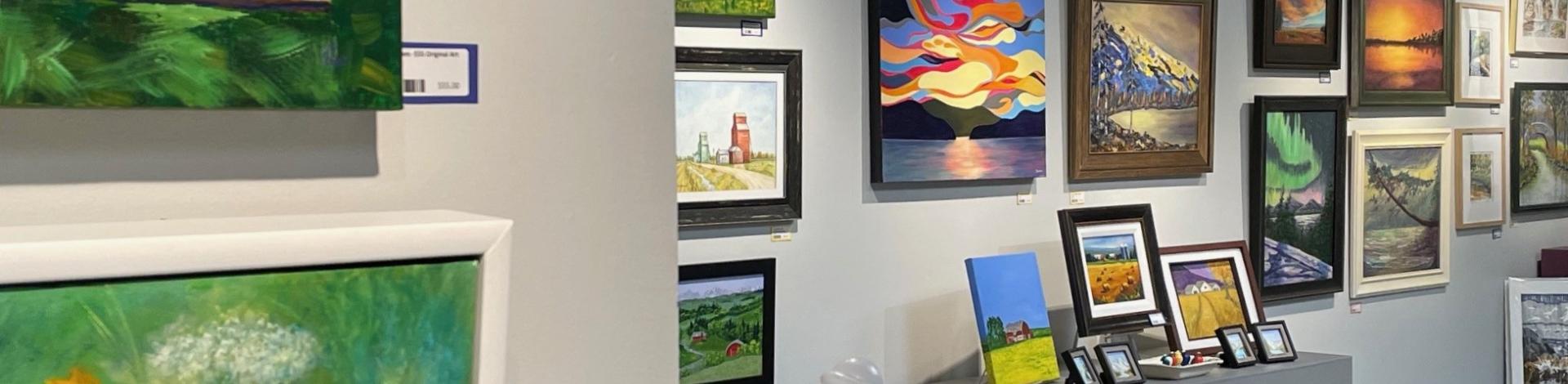 a collection of art in a gallery