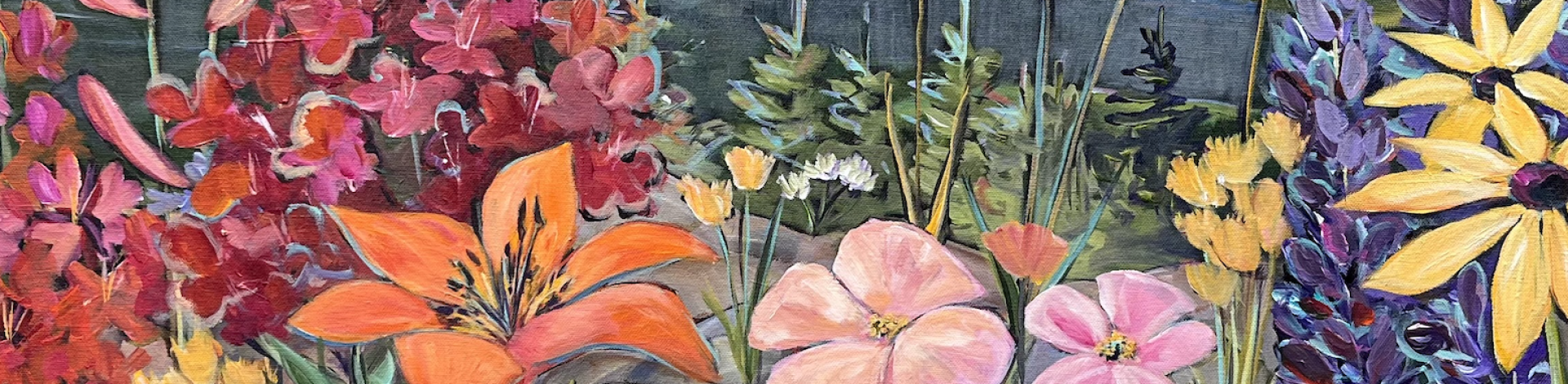 A landscape painting of flowers with mountains in the background.