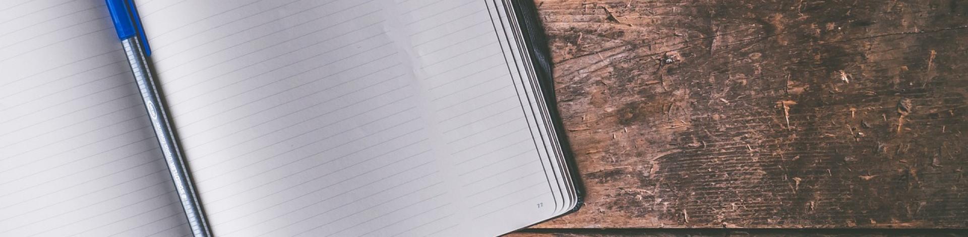 A pen and a blank journal lying open on a wood table.