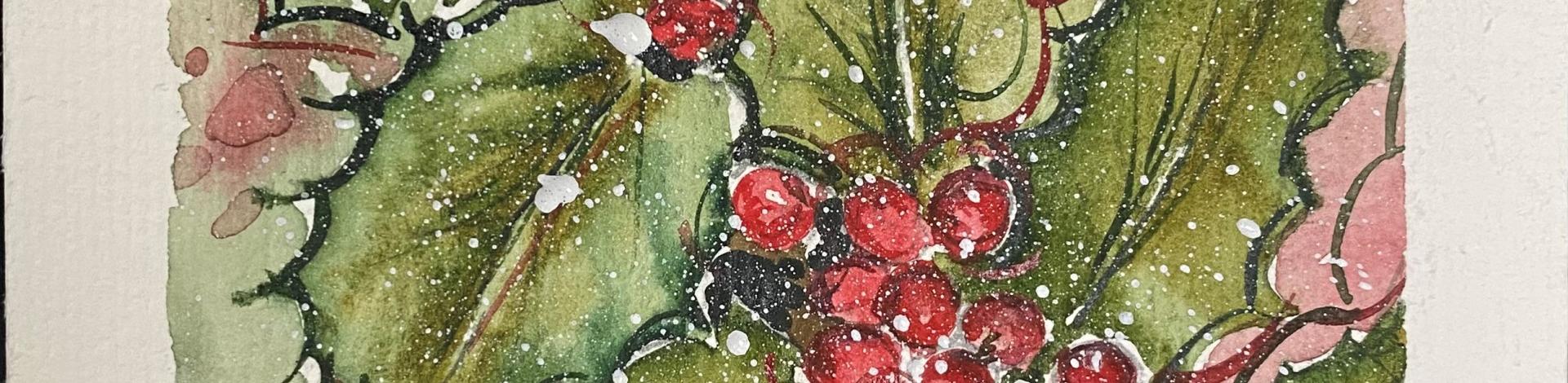 A painting of green leaves and red holly berries.