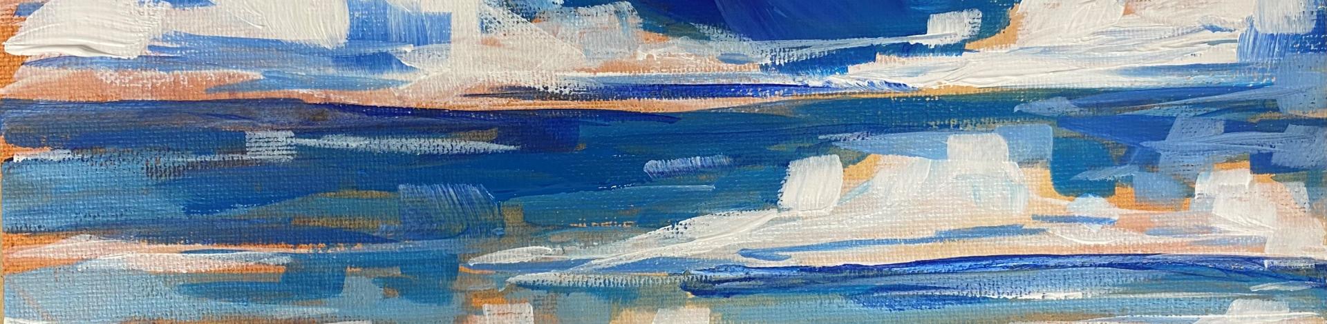 A painting of an Albertan field with hay bales and a blue sky with clouds above. 