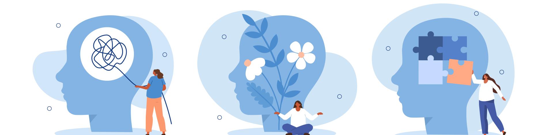 three drawn heads on a white background 