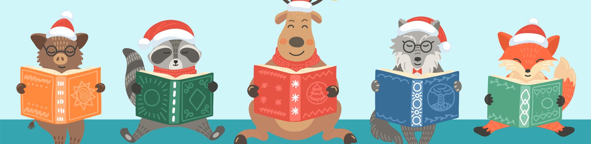 Animals in Christmas hat read books