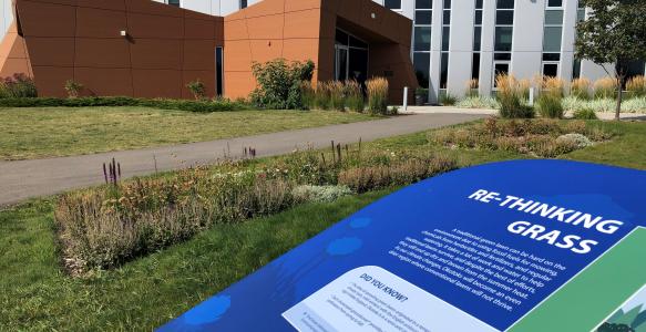 Interpretive Signage on re-thinking grass in front of Environmental Education Centre at Operations Building