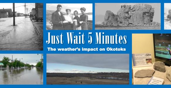 A compilation of black and white photos showing weather events from Okotoks' history, including floods and snow storms.