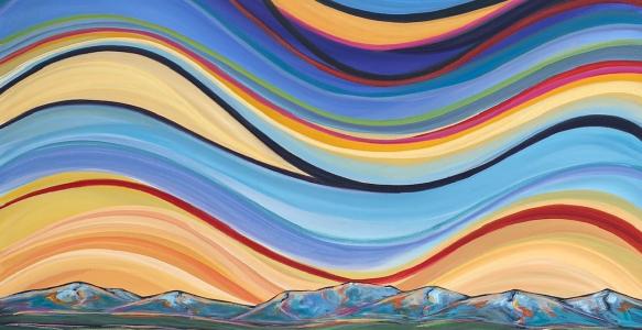Colourful painting of the prairies with red, blue, yellow, and purple swirls in the sky. 