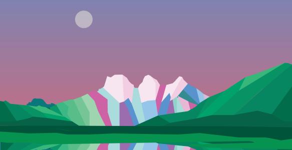 A computer generated mountain scene, with a pink sky reflected in the lake in front. The mountains are unnatural colours including pink, teal, purple and blue.