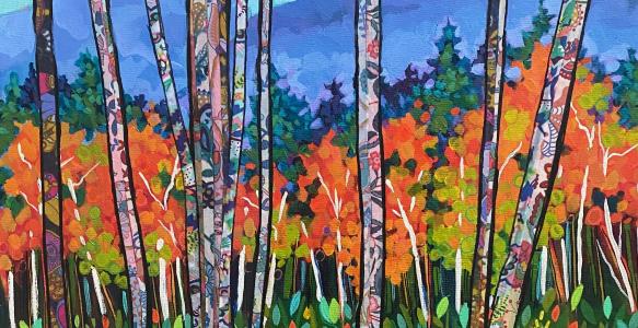 A painting of white birch trees with green plants at the bottom, orange and green trees behind, and a purple mountain in the background.