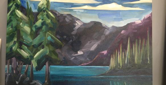 a painting of mountians and trees beside a river