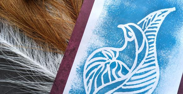A blue and white print of a feather on a red card.
