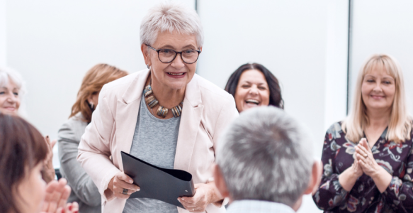 older adult engaging with older adult audience
