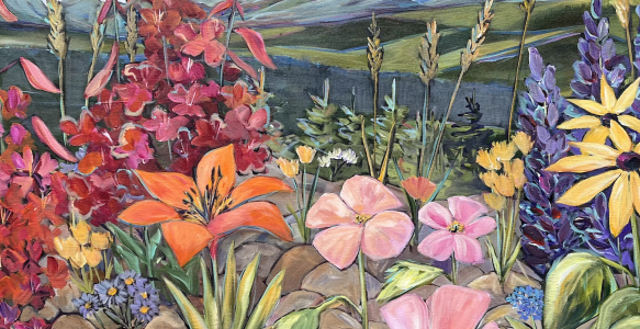 A landscape painting of flowers with mountains in the background.