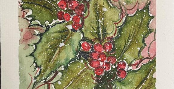 A painting of green leaves and red holly berries.