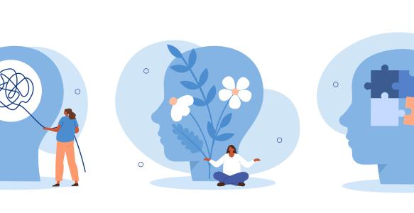 three drawn heads on a white background