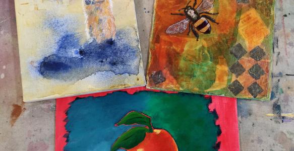 Three samples of artwork using different mediums.