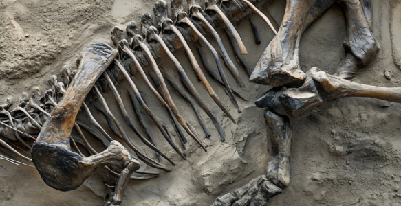 a dinosaur fossil still encased in stone