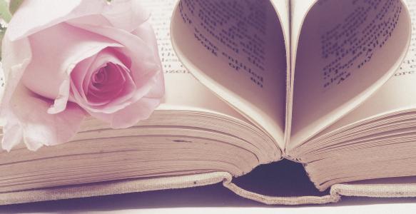 An open book with the pages folded into the shape of a heart, with a pink rose lying next to it. 