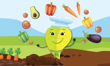 Green living leaf mascot juggling vegetables in a garden