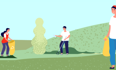 graphic illustration of several people picking up waste in community park