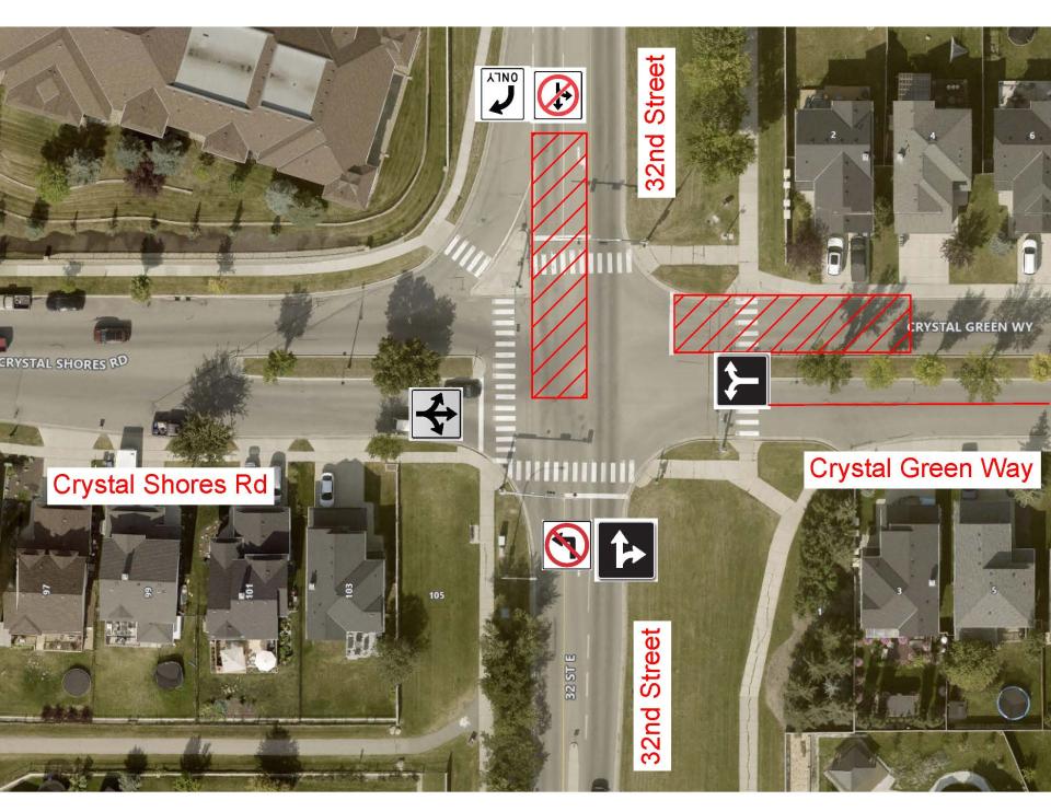 Map showing construction on 32nd St and Crystal Shores with detours