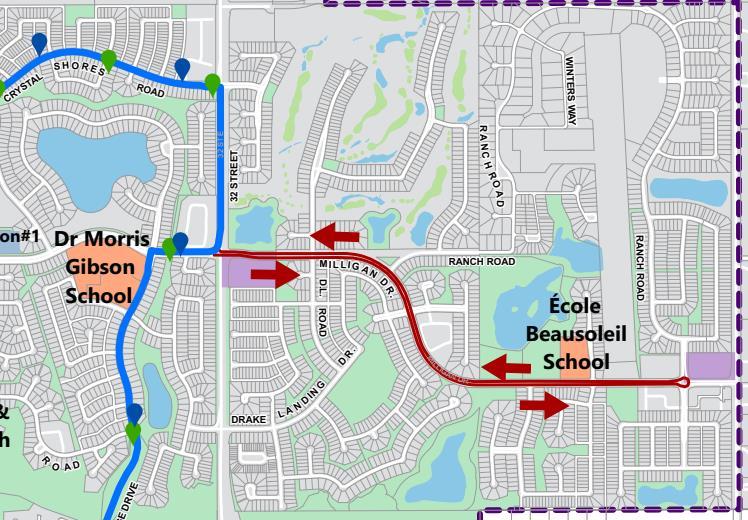 Map of Transit Fixed-Route Extension into Drake Landing, Air Ranch and Ranchers Rise for 2027
