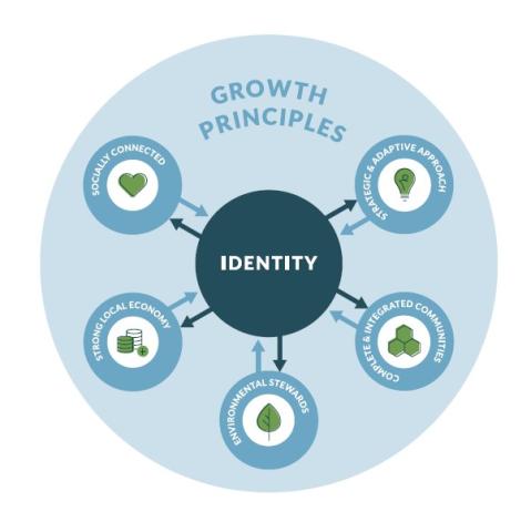 Diagram outlining the interconnected approach to the 5 growth principles and our identity