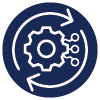 Icon showing cog wheel and arrows branching to 3 options indicating agile organization
