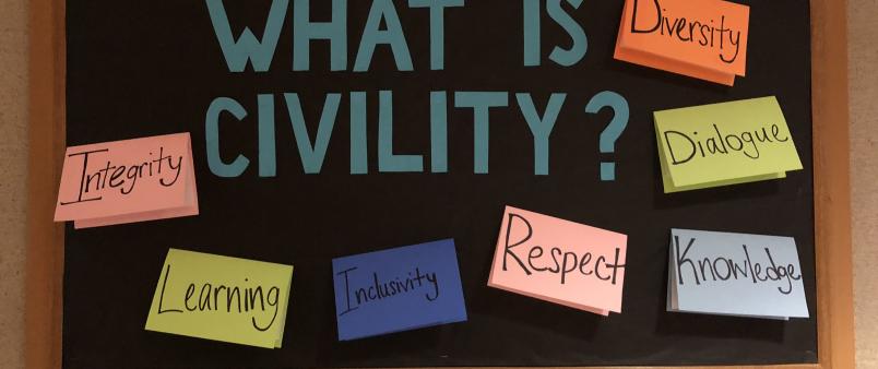 what is civility question written on a chalkboard with sticky notes as answers