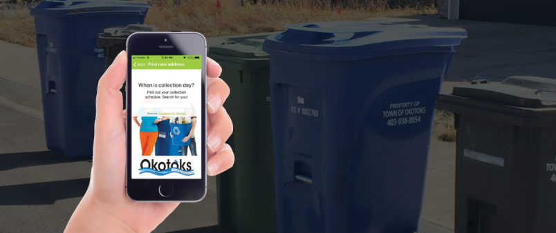 photo of hand holding a phone with waste app dashboard - background of Okotoks Waste Carts