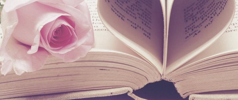 An open book with pages folded into the shape of a heart, with a pink rose lying next to it.