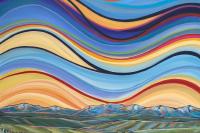 Colourful painting of the prairies with red, blue, yellow, and purple swirls in the sky. 